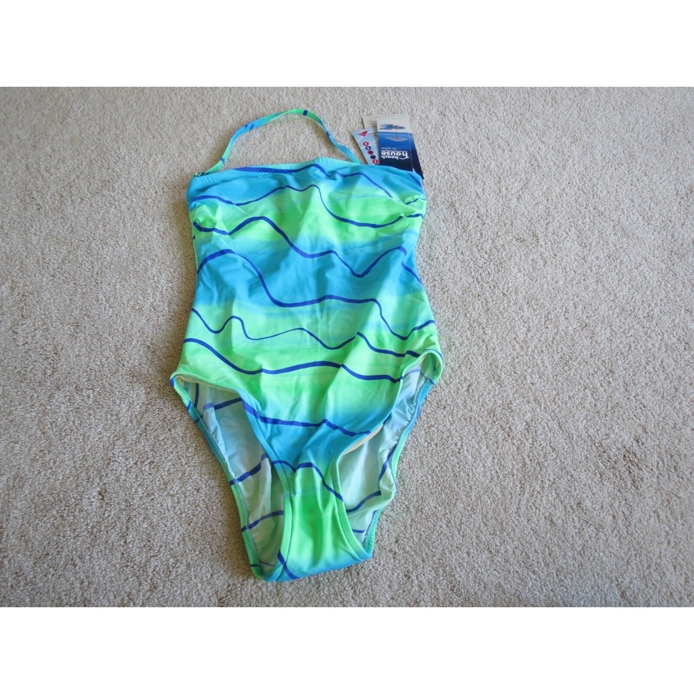 Beach House Bandeau One Piece Swimsuit Blue Aqua Green Size 12 Large H6720